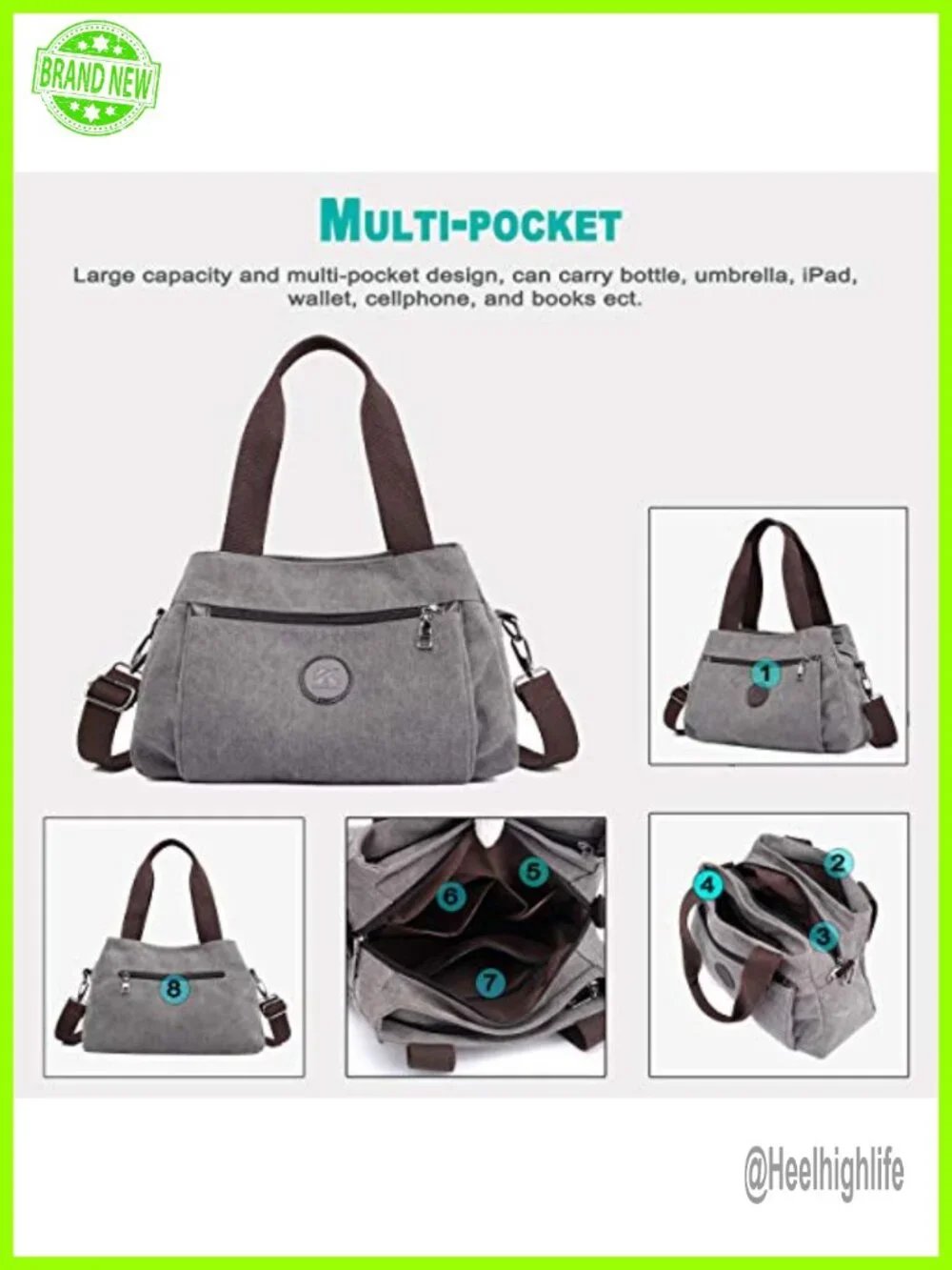 Canvas Crossbody Hobo Handbag with Triple Zip Pockets, Multi Compartment